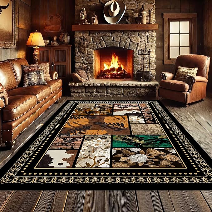 Floral Tropical Patchwork Area Rug 3x4ft, Vintage Black & Brown Country Carpet, Low Pile Non-Slip Mat for Cozy Bedroom, Dining Room, Farmhouse Decor