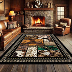 Floral Tropical Patchwork Area Rug 7x9ft, Vintage Black & Brown Country Carpet, Low Pile Non-Slip Mat for Cozy Bedroom, Dining Room, Farmhouse Decor