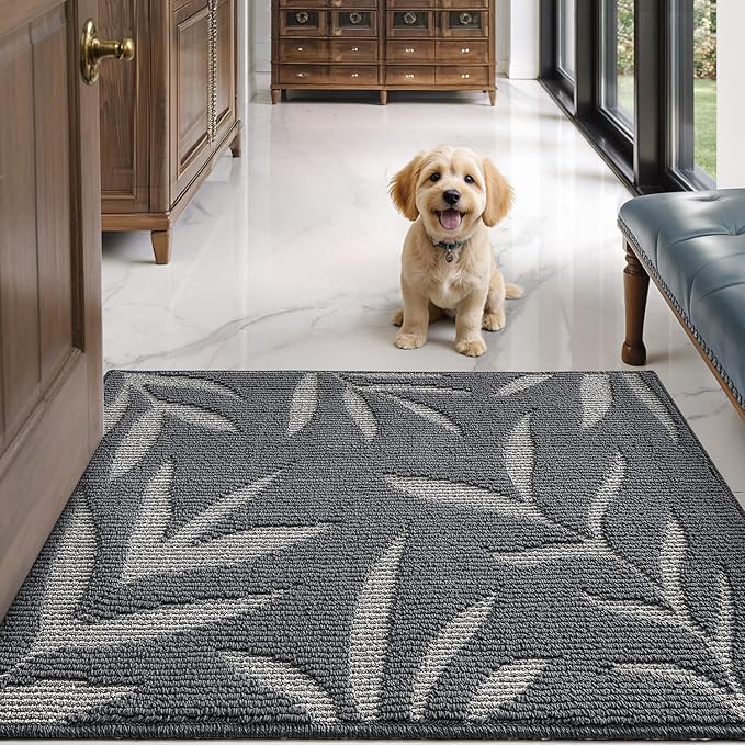 LUMI Indoor Door Mat 36x60, Washable Front Doormat with Welcome Leaf Pattern, Non-Slip Rubber Back Absorbent Mats for Entrance, Patio, Garage, Dark Grey