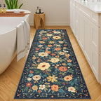 DUKINO Runner Rug, 2.6x8 Kitchen Rug for Hallway with Non Slip Backing, Washable Low Pile Soft Boho Floral Runner Carpet for Hallway, Kitchen, Entryway, Laundry, Bedroom, Dark Blue