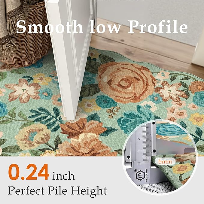 Washable Floral Area Rug 8x10 Green Living Room Large Carpet Bedroom Scalloped Flower Non Slip Soft Throw Rug Farmhouse Low Pile Thin Indoor Floor Cover for Dining Room Office