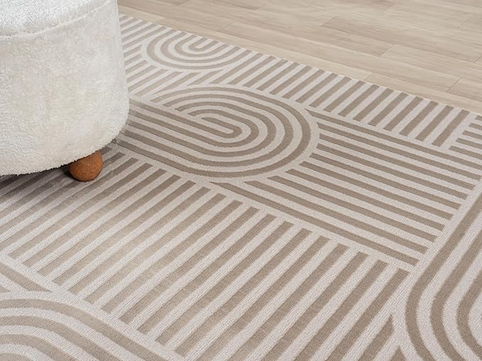 Annabel Modern Geometric Area Rug for Living Room, 5x7 Contemporary Arched Linear Beige Neutral Rug, Stain Resistant Non-Shedding Carpet for Bedroom, Dining Room or Kitchen (5' x 7', Beige)