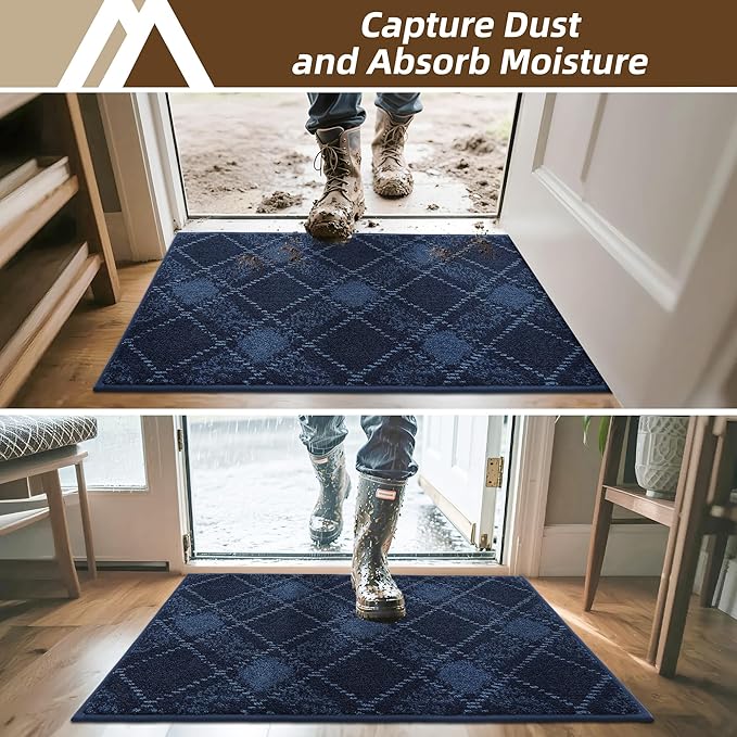COSY HOMEER Plaid Door Mat 32" x 48",Dirt Trapper Entryway Rugs,Non-Slip Washable Farmhouse Doormat,Low Profile Welcome Mats for Paws Navy Blue