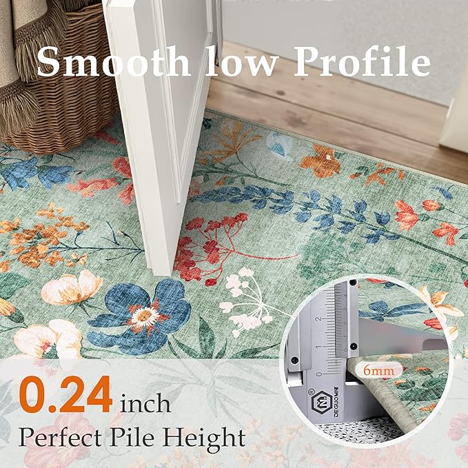 Floral Runner Rug 3x8 Washable Hallway Long Green Bedroom Carpet Non Slip Indoor Boho Kitchen Low Pile Accent Rug Lightweight Soft for Bathroom Dining Laundry Living Room