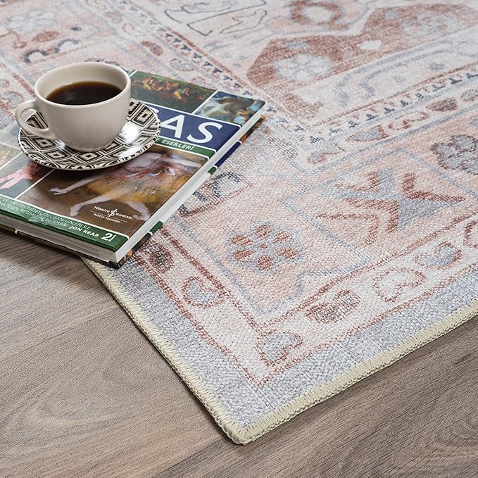 Fame Rugs Turkish Rug. Washable Vintage Oriental Antique Inspired Traditional Doormat Small Modern Area Rugs Luxury Entryway Entry Bedroom Bathroom Kitchen (403CC, 4'9 x 6'9)