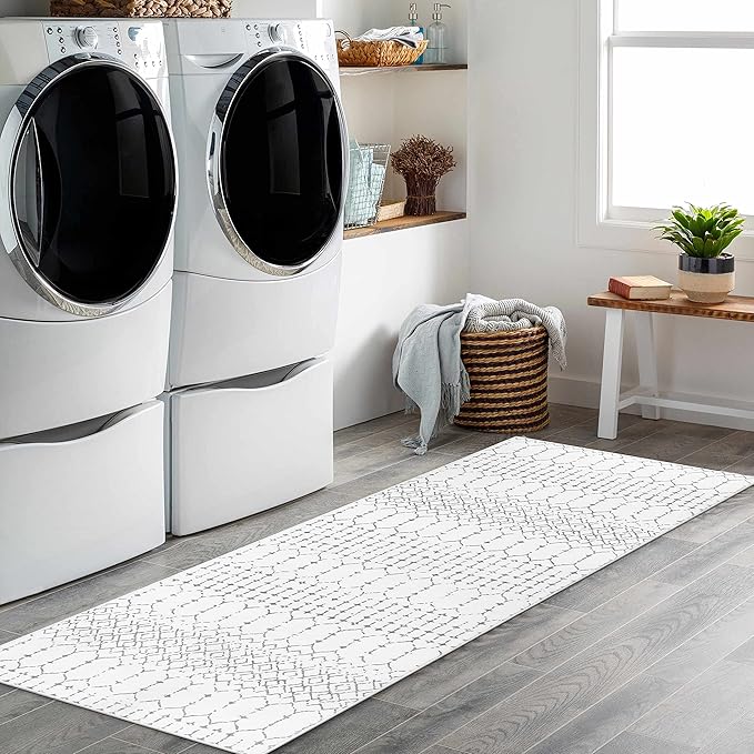 Lahome Moroccan Washable Runner Rug - 2x6 Non-Slip Throw Hallway Rug Runner Ultra-Thin Soft Kitchen Laundry Room White Print Distressed Carpet for Entryway Bathroom Living Room
