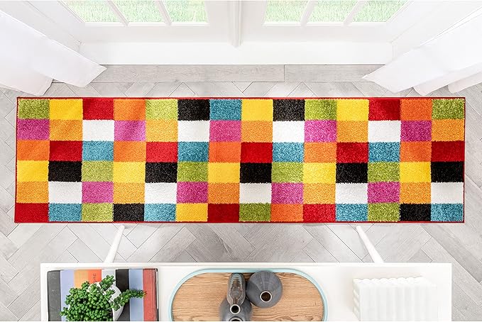 Well Woven Modern Rug Squares Multi Geometric Accent 2'3" x 7'3" Runner Entry Way Bright Kids Room Kitchen Bedroom Carpet Bathroom Soft Durable Area Rug