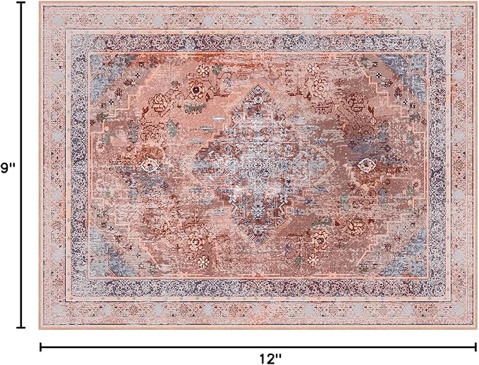 Phantoscope Washable Area Rug 9'x12' Non-Slip, Vintage Neutral Fall Rugs for Living Room, Bedroom, Dining Room, Distressed Boho Medallion Pattern, Low-Pile Foldable Floor Carpet, Rust Orange