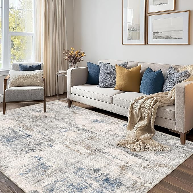 FMFUNCTEX 5x7 Washable Area Rug Brown Blue Abstract Modern Neutral Non Slip Low Pile Indoor Carpet Soft Throw Rug for Entryway Entrance Living Room Bedroom Dining Office Nursery Entry Kitchen Laundry