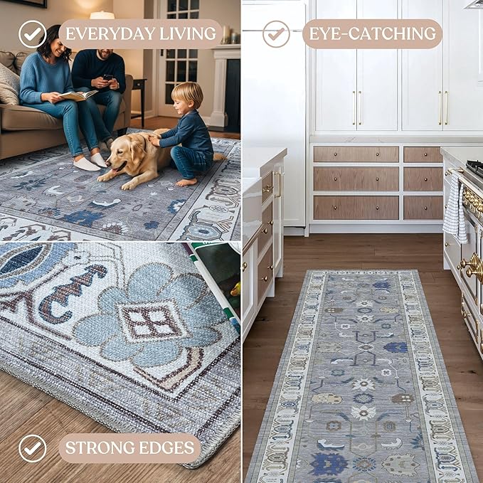 Fame Living Grey Oushak Rug, Modern, Vintage, Turkish, Eclectic, Floral, Pastel, Washable, Area Rugs for Living Room, Dining, Bedroom, Office, Entryway, Foyer, Playroom, Nursery, 5'x6'9"