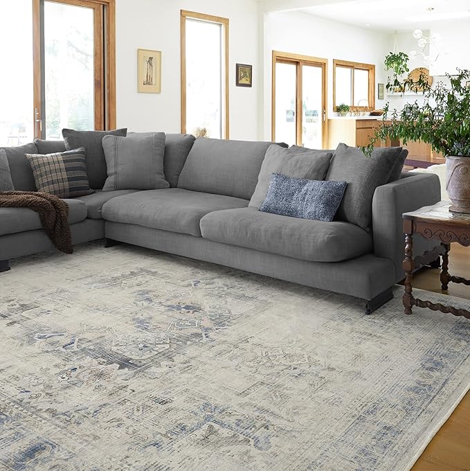 RUGGABLE Washable Vintage Area Rug – Kamran Blue Quartz 8x10, Stain-Resistant, Non-Slip – Large Machine Washable Rugs for Living Room, Bedroom, Hallway, Entryway & Office–with Cushioned Pad