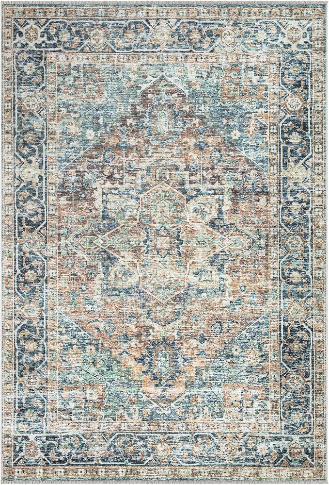 Bloom Rugs Caria Washable Non-Slip 6x9 Rug - Blue Green/Tangerine Traditional Area Rug for Living Room, Bedroom, Dining Room, and Kitchen - Exact Size: 6' x 9'