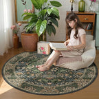 4ft Round Area Rugs for Living Room, Washable Floral Circle Rug Non Slip Low Pile, Vintage Boho Botanical Birds Throw Carpet for Farmhouse, Bedroom, Dining Room, Retro Gold/Green