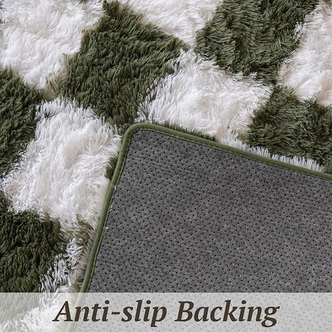 4x6 Area Rugs for Living Room Bedroom, Soft Fluffy Shaggy Bedside Rug, Indoor Floor Carpet for Kids Playroom, Dorms, Nursery Rooms, Home Decor (Olive Green & White 4'x6')
