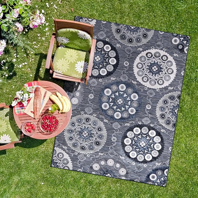 CAMILSON Indoor Outdoor Rug 8x10 Bohemian Medallion Floral Area Rugs for Indoor and Outdoor Patios Easy-Cleaning Non-Shedding Living Room Garden and Kitchen Washable Outside Carpet (8 x 10 / Navy)