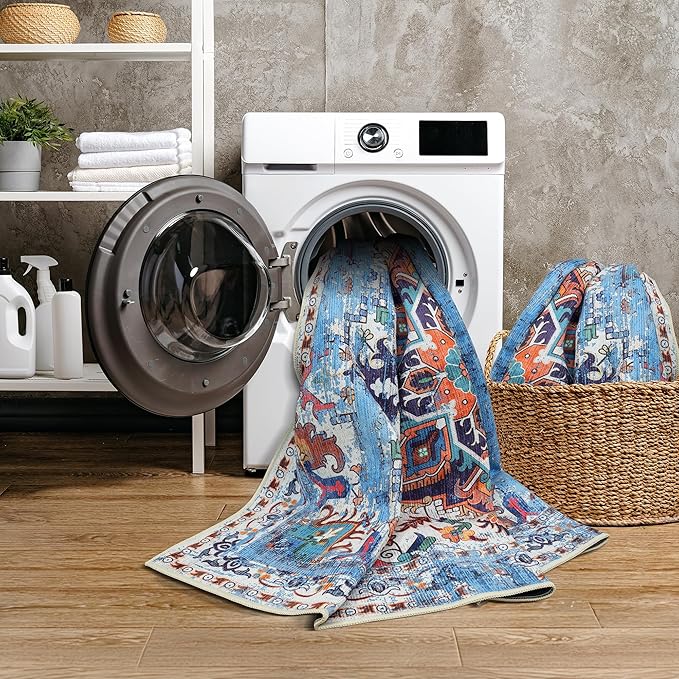 GLN Rugs Traditional Collection - Machine Washable Area Rug, Traditional Washable, Non Slip, Low Pile Chenille Rug, Living Room, Bedroom, Kitchen Rug (8' x 10' Blue/Multicolor)