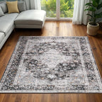 5x7 Washable Rug – Boho Non-Slip Indoor Area Rug for Living Room, Bedroom, Dining Room, Entryway – Charcoal Grey and Ivory with Blue Highlights