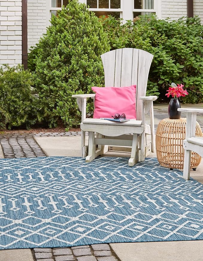 Unique Loom Outdoor Trellis Collection Area Rug - Tribal Trellis (8' Square, Blue/ Ivory)