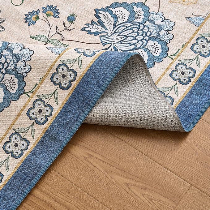 jinchan Elora 8x10 Floral Rug for Living Room Washable Bedroom Rug Vintage Romance Design Non Slip Thin Indoor Floor Cover Large Low-Profile Throw Carpet for Dining Room Office, Blue/Beige