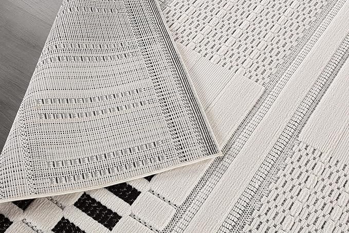 CAMILSON Modern Runner Rug 2x7 Luxury Geometric Pattern Micro Loop Hallway Rugs Soft High and Low Pile Stain Resistant Easy to Clean Non-Shedding Entryway Kitchen Indoor Area Carpet (White/Black)