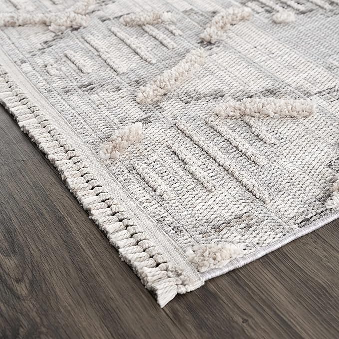 Hauteloom Bogtong Farmhouse Living Room Bedroom Moroccan Trellis Area Rug - Soft Shaggy High Low Carpet - High Pile - Bohemian, Boho - Gray, Beige, Cream - 6'7" x 9'