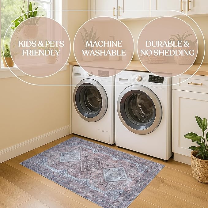 Washable Area Rug. Modern Farmhouse. Vintage. Turkish. Bohemian. Distressed. Oriental. Traditional. Rugs for Living Room. Dining. Bedroom. Office. Entryway. Foyer. (863BM, 2'5" x 4'9")