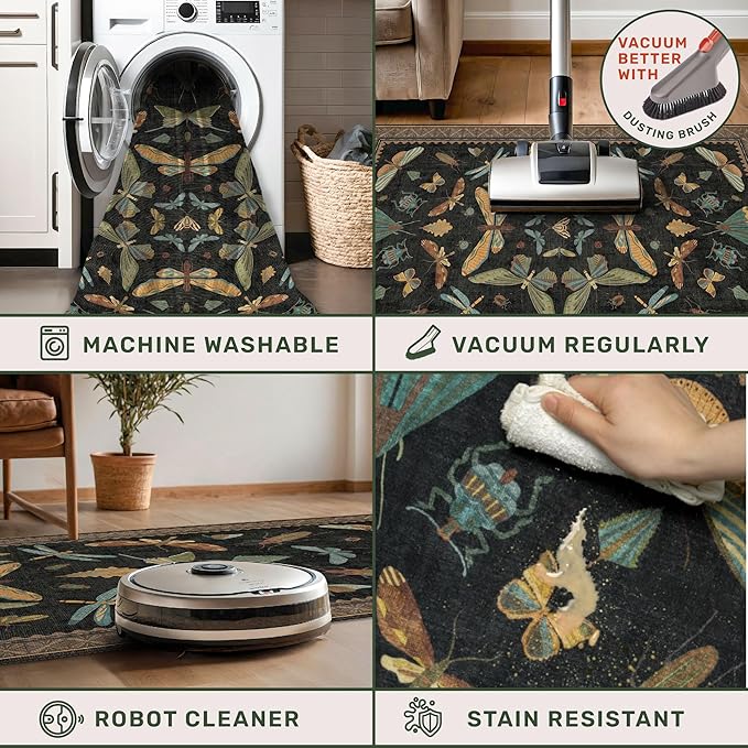 Big Black Area Rug for Living Room - Washable 10x14 Area Rug, Dining Room Rugs for Under Table, Soft Low Pile for Large Bedroom - Insect Witch Dark Moody Bug Decor, Non-Slip & Stain Resistance