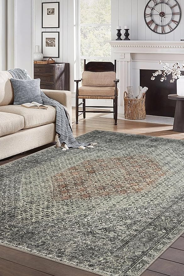 Keen Home Design 8x10 Rug - Machine Washable Area Rug with Non-Slip Backing, Ideal for Living Room, Dining Room, Bedroom - Vintage, Easy Clean, Durable, Low Pile - (8' x 10')