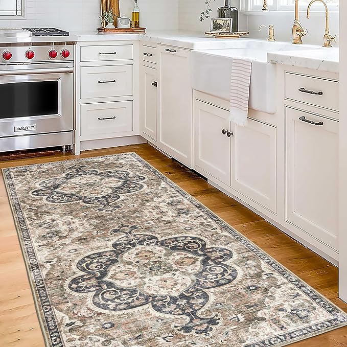 ReaLife Rugs Machine Washable Area Rug Runner - Living Room Bedroom Bathroom Kitchen Entryway Office - Padded Low Pile Stain Resistant Premium - Boho Farmhouse Vintage - Joy - Brown Beige 2'6" x 8'