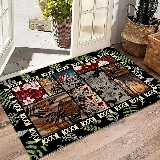 Vintage Jungle Floral Area Rug 6x9ft, Tropical Leaf Print Low Pile Carpet, Washable Non-Slip & Soft Mat for Bedroom, Living Room, Dining Room, Playroom