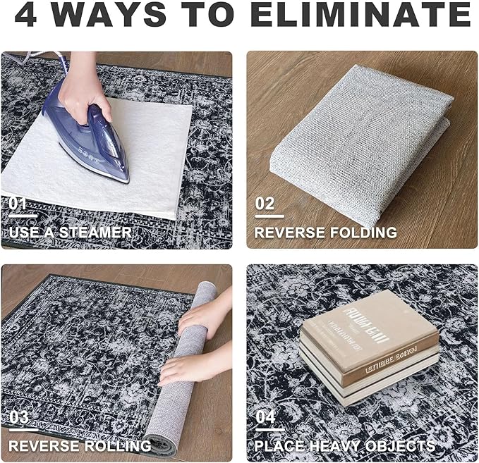 KILOCOCO Area Rug 3x5 Entryway Rug Washable Printed Vintage Floral Rubber Backed Non Slip Indoor Kitchen Rugs for Living Room Laundry Room Playroom Mudroom Moroccan Area Rugs, Black/Navy/White