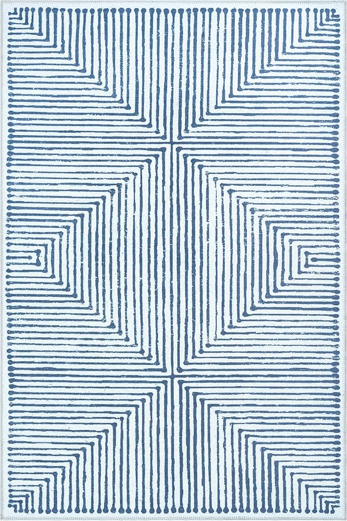 Bloom Rugs Washable Non-Slip 6' x 9' Rug - Blue/Ivory Striped Area Rug for Living Room, Bedroom, Dining Room, and Kitchen - Exact Size: 6' x 9'