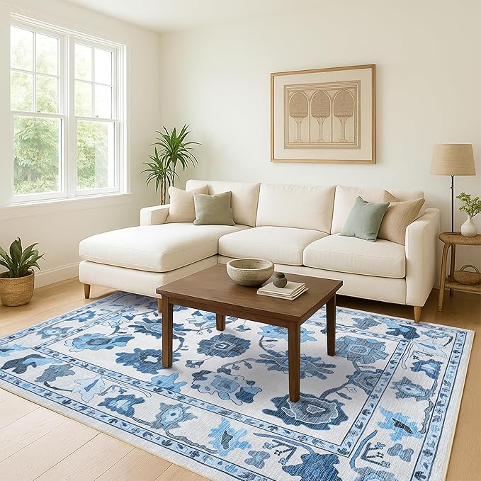 Fame Living Navy Blue Oushak Runner Rug, Modern Runners, Vintage, Turkish, Eclectic, Floral, Pastel, Washable, Long Runner Rugs for Hallway, Kitchen, Living Room, Bedroom, Kitchen, Bathroom, 2'5"x13'
