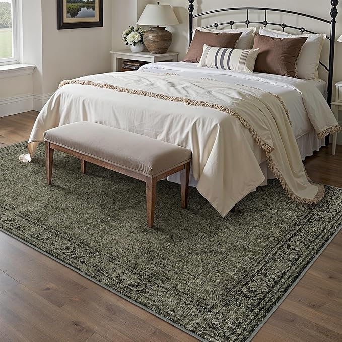 Vintage Area Rug 8x10 Washable Olive Brown Living Room Carpet Large Indoor Non Slip Bedroom Low Pile Kitchen Distressed Retro Accent Throw Rug for Dining Room