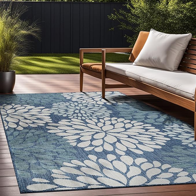 Beverly Rug Outdoor Rug 8x10 Modern Exotic Tropical Leaf Area Rugs for Indoor and Outdoor Patio Deck Porch Garden Water Resistant Washable Outside Carpet (8 x 10 Blue)