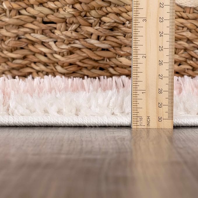 Hauteloom Tilos Moroccan Farmhouse Small Shag Area Rug Door Mat - Shaggy Carpet - Trellis Pattern - High Plush Pile - Cream, Pink, Beige - 2' x 3'