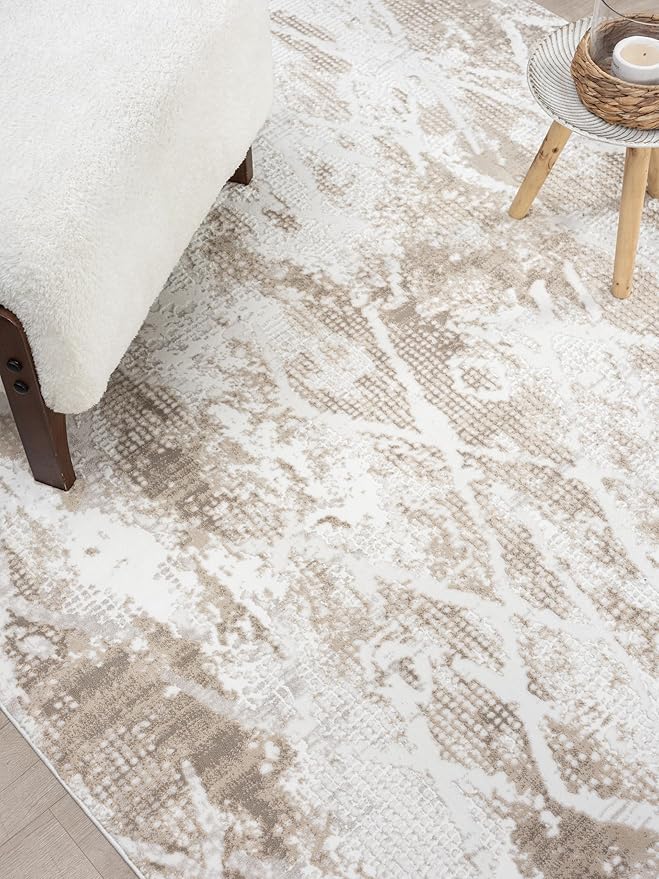 Adel Modern Area Rug for Living Room, 4x6 Rustic Distressed Abstract Beige Neutral Rug, Medium Pile Stain Resistant Carpet for Bedroom, Dining Room or Kitchen (4' x 6', Beige)