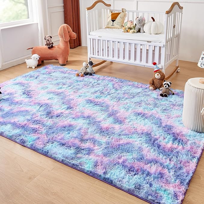Andency Soft Area Rugs for Living Room Bedroom, 5x8 Fluffy Shaggy Bedside Rug, Non-Slip Large Shag Fuzzy Plush Carpets for Bedroom Kids Dorm Nursery Home Decor Aesthetic, Tie-Dyed Unicorn Rainbow
