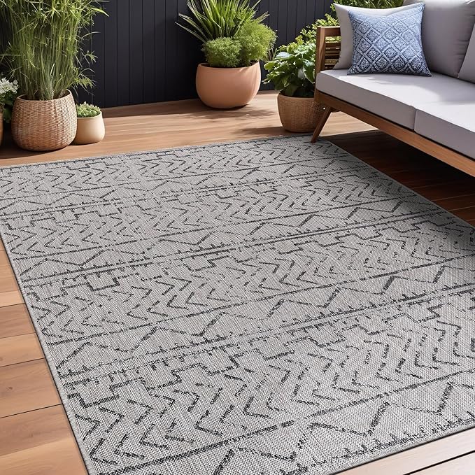 Beverly Rug Waikiki Indoor Outdoor Rug 5x7, Washable Outside Carpet for Patio, Deck, Porch, Trellis Area Rug, Water Resistant, Dark Grey - Light Grey