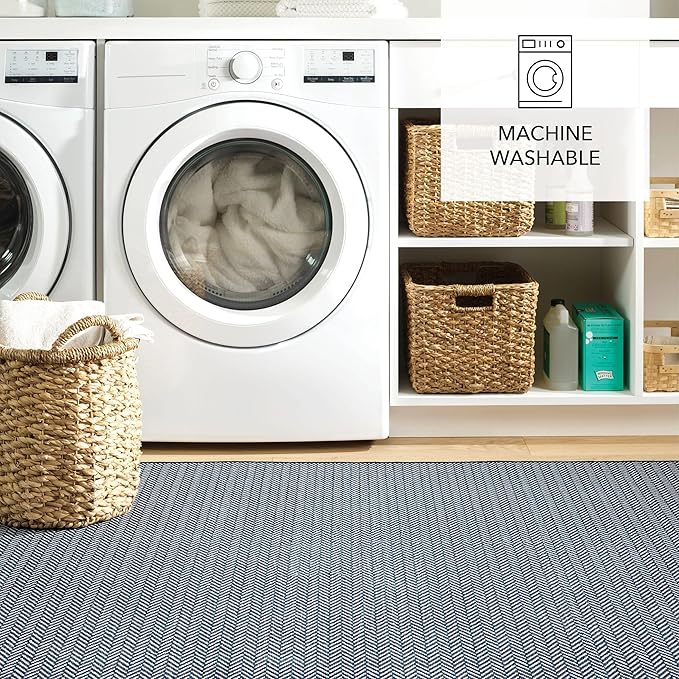 Dash and Albert Herringbone Machine Washable Area Rug - 5' x 8' Navy - Geometric Accent Rug - Anti-Slip Backing, Lightweight, Machine Washable, High Traffic Areas Kitchen, Mudroom, Laundry Room