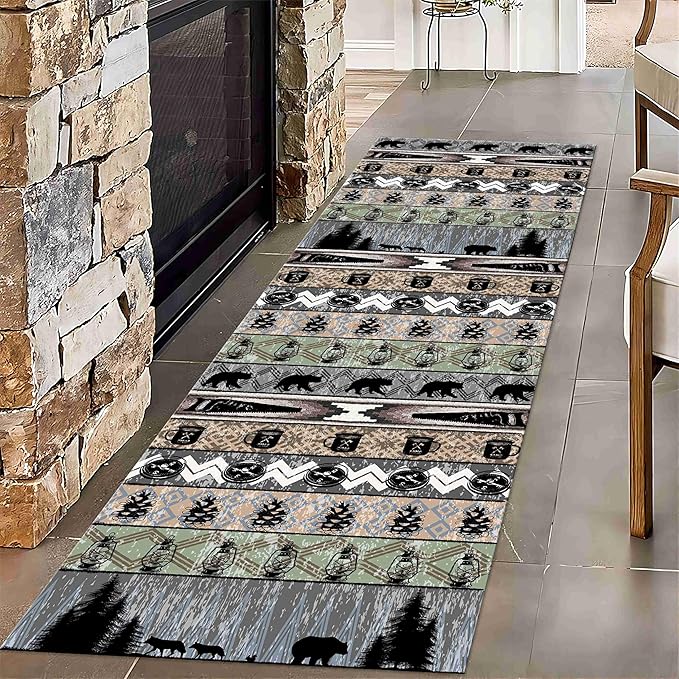Bear Rug for Runner Rug, 3.3x7ft, Rustic Black Bear Wood Saw Compass Pine Oil Lamp Pattern Long Runner Rug, Camping Theme Multi-Color Stitching Non-Slip Floor Carpet, Cabin Style Home Decoration