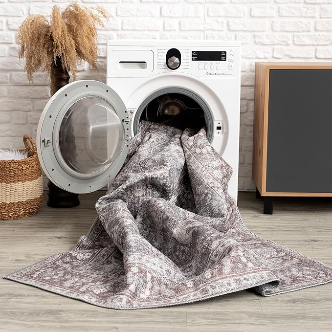 Bloom Rugs Washable 6' x 9' Rug - Brown/Dark Gray Traditional Area Rug for Living Room, Bedroom, Dining Room, and Kitchen - Exact Size: 6' x 9'