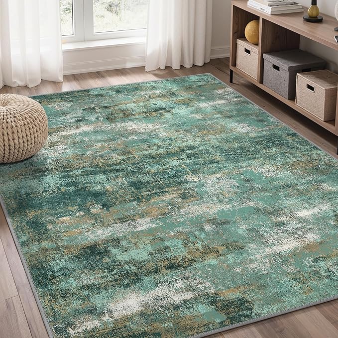 GENIMO Abstract Area Rug 5x7, Washable Modern Rug Non Slip, Low Pile Lightweight Soft Large Carpet for Living Room, Bedroom, Dining Room, Turquoise