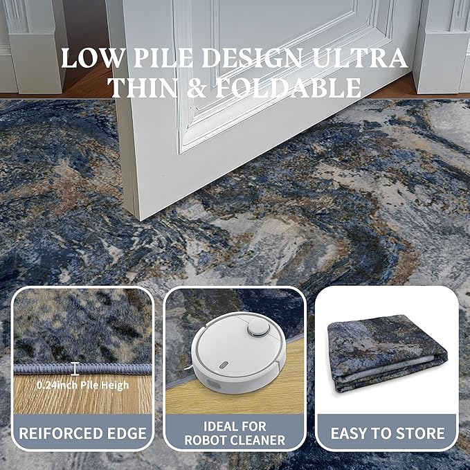 Modern Washable Rug for Living Room: Abstract 9x12 Area Rugs for Bedroom Low Pile Non Slip - Stain Resistant Carpet for Dining Room Indoor - Blue Gold