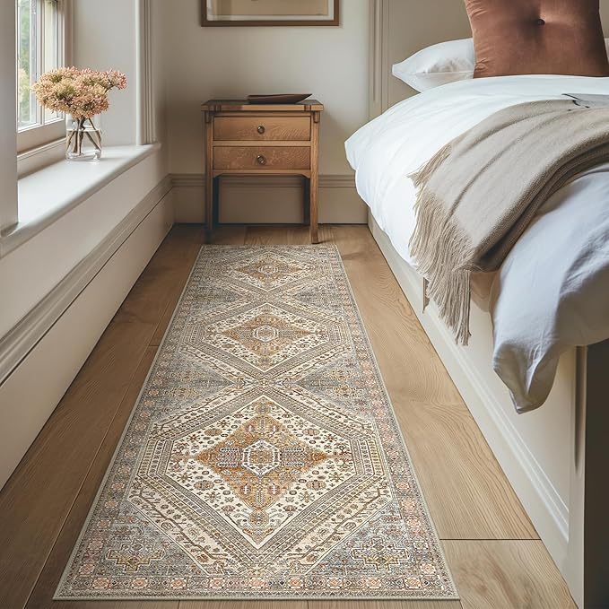 Bavni Kitchen Rug 2x7 Runner Rugs for Hallways Entryway, Washable Vintage Print Carpet, Ultra-Thin Chenille Low Pile Lightweight Rug with Non Slip Backing, Tan/Grey