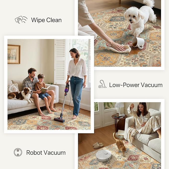 Bavni 6x9 Area Rugs for Living Room, Machine Washable Rug Non Slip, Vintage Chenille Distressed Print Carpet, Large Low Pile Ultra-Thin Lightweight Rugs for Bedroom, Dining Room, Home, Office, Orange