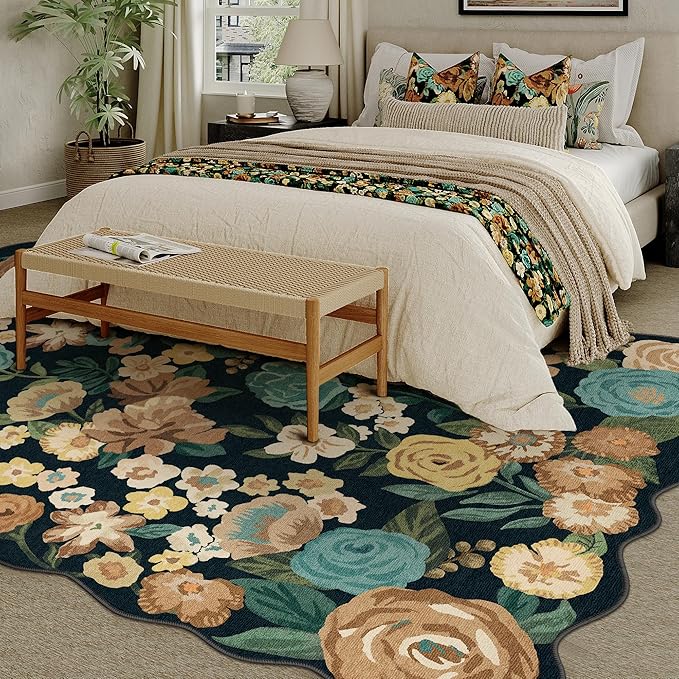 Washable Floral Area Rug 8x10 Black Living Room Large Carpet Bedroom Scalloped Flower Non Slip Soft Throw Rug Farmhouse Low Pile Thin Indoor Floor Cover for Dining Room Office