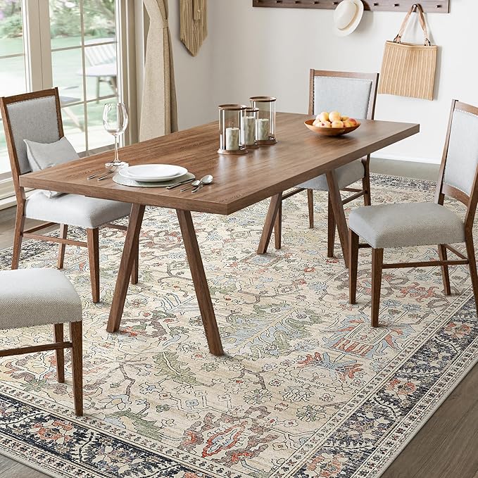 Bavni Area Rugs 9x12 Living Room Clearance Washable Large Carpet for Bedroom Non-Slip, Ultra Thin Low Pile Modern Printed Decorative Rug for Dinning Room Office, Ivory/Teal