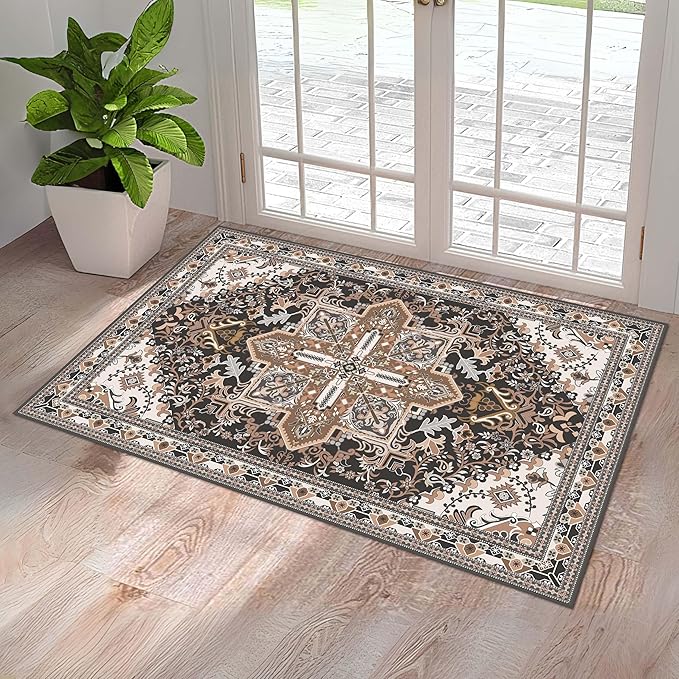 Washable Entryway Rug 3x5 | Non Slip Rug Runners for Hallways, Entryways, Kitchens, Bathrooms, Bedrooms | Ultra-Soft Flannel Carpet Kitchen Rug with Rubber Backing (Black Brown Cream, 3x5)
