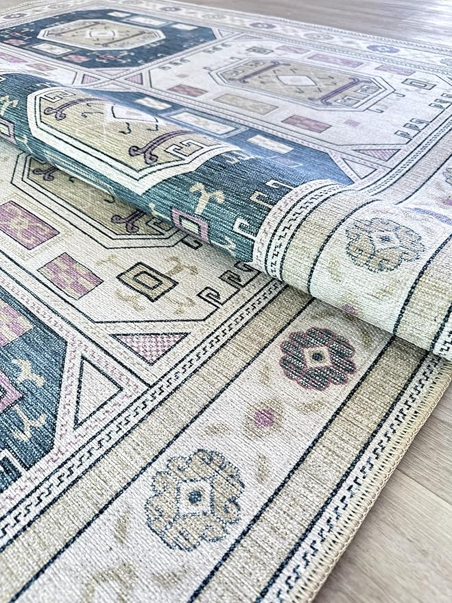 Fame Living Faded Oushak Rug, Turkish Vintage Floral Pastel Large Oversized Area Rugs for Living Room Dining Bedroom Kitchen Bathroom Nursery (848CrNv, 7'5" x 9'8")